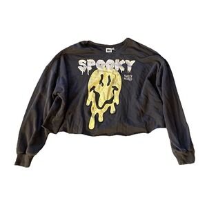 Smiley World Women's Gray Cropped  Spooky Smiley Face Sweatshirt Size XXL